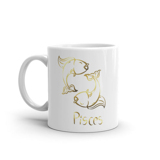Pisces Zodiac Sign in White & Gold  - White glossy mug