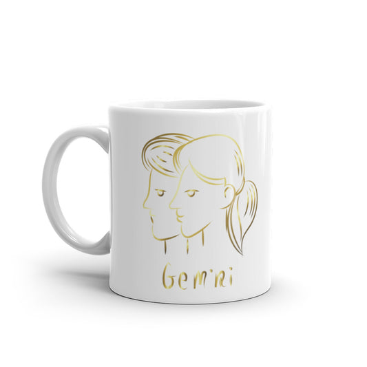 Gemini Zodiac Sign In White & Gold - White glossy mug