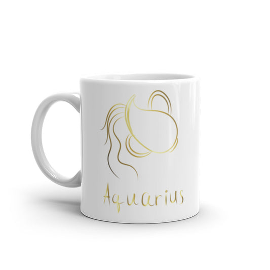 Aquarius Zodiac Sign in White & Gold - White glossy mug