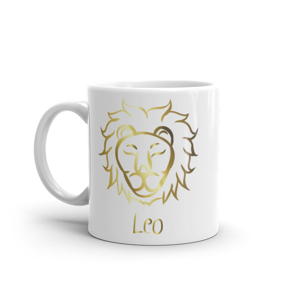 Leo Zodiac Sign in White & Gold - White glossy mug