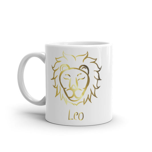Leo Zodiac Sign in White & Gold - White glossy mug