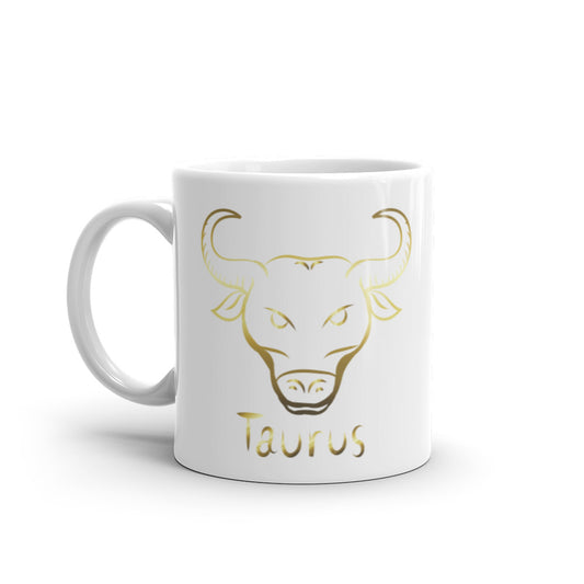 Taurus Zodiac Sign in White & Gold - White glossy mug