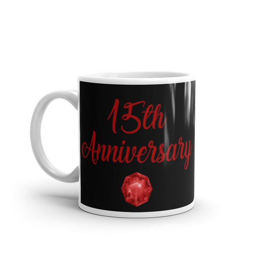 15th Anniversary in Black & Ruby - White glossy mug