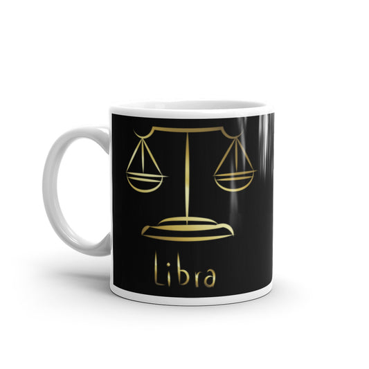 Libra Zodiac Sign in Black & Gold - White glossy mug