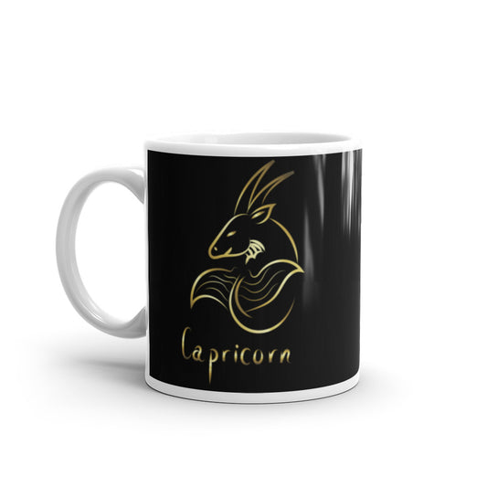 Capricorn Zodiac Sign in Black & Gold - White glossy mug