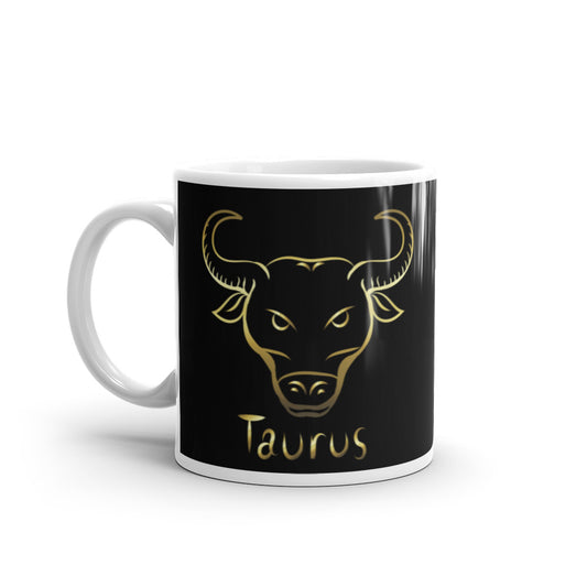 Taurus Zodiac Sign in Black & Gold - White glossy mug