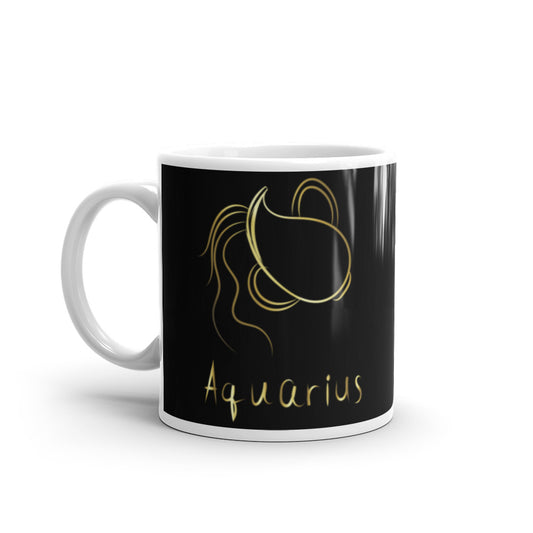 Aquarius Zodiac Sign in Black & Gold - White glossy mug