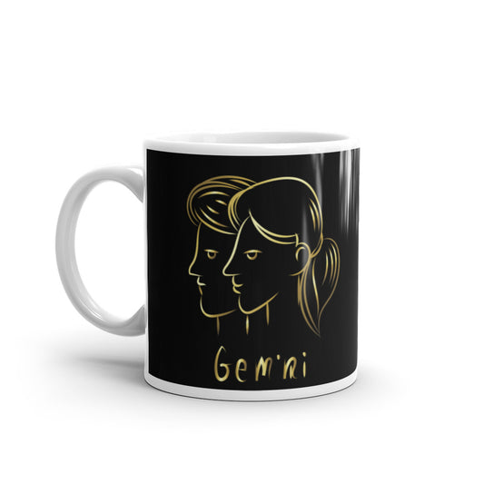 Gemini Zodiac Sign in Black & Gold - White glossy mug