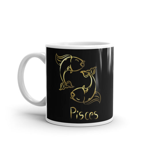 Pisces Zodiac Sign in Black & Gold - White glossy mug