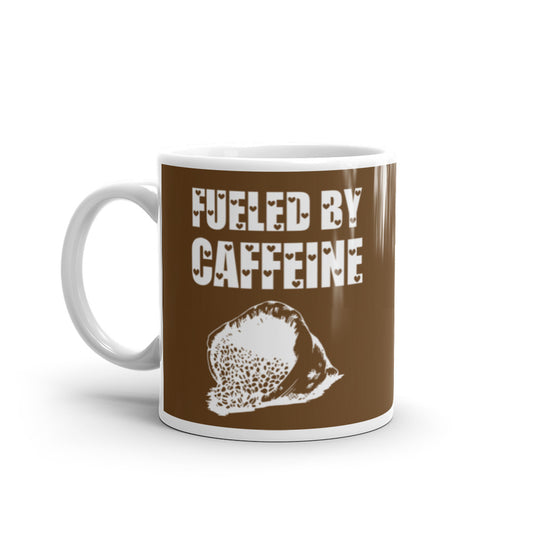 Fueled By Caffeine (Brown) White glossy mug