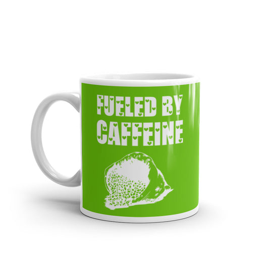Fueled by Caffeine (Green) White glossy mug