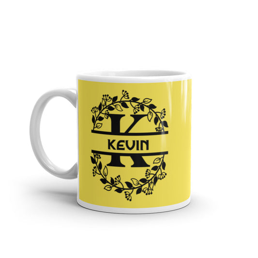 Kevin - Yellow & Black Personalised on White glossy mug