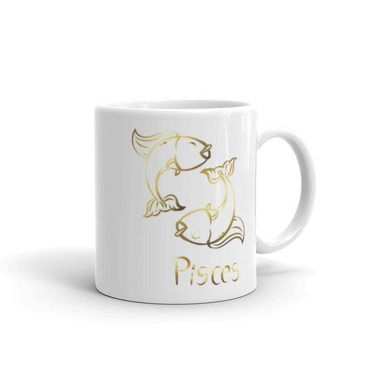 Pisces Zodiac Sign in White & Gold  - White glossy mug