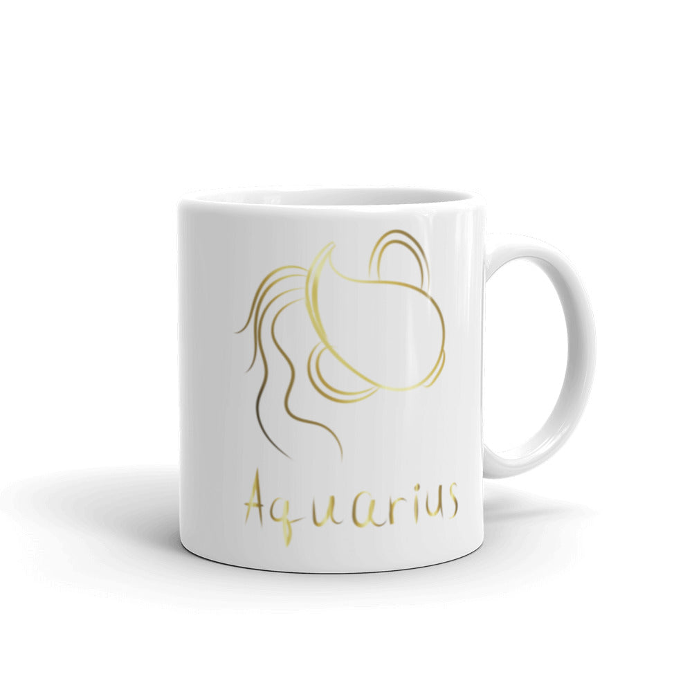 Aquarius Zodiac Sign in White & Gold - White glossy mug