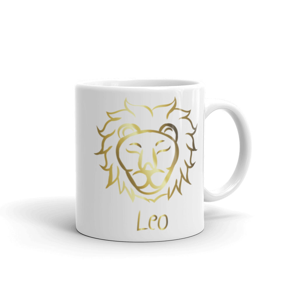 Leo Zodiac Sign in White & Gold - White glossy mug