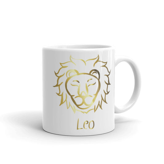 Leo Zodiac Sign in White & Gold - White glossy mug