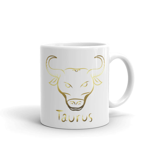 Taurus Zodiac Sign in White & Gold - White glossy mug