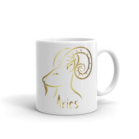 Aries Zodiac Sign in White & Gold - White glossy mug