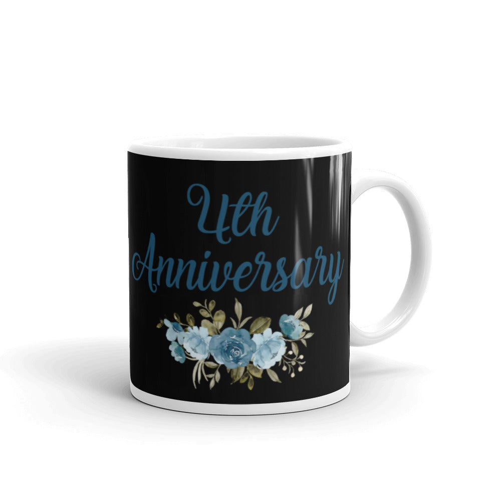 4th Anniversary in Black with Flowers - White glossy mug