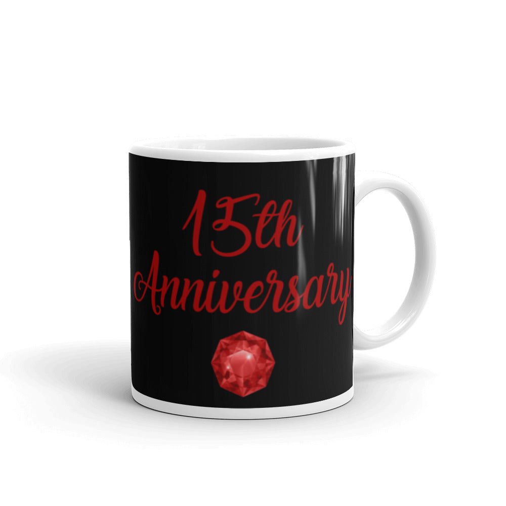 15th Anniversary in Black & Ruby - White glossy mug