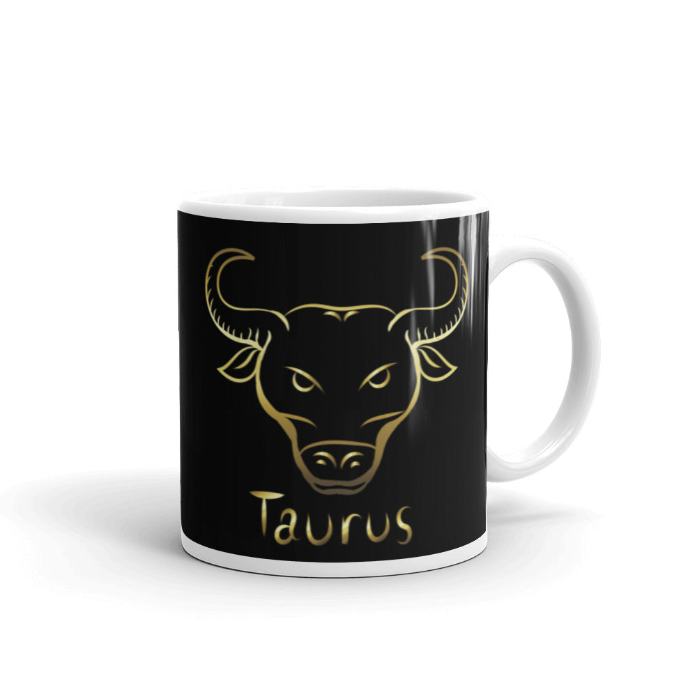 Taurus Zodiac Sign in Black & Gold - White glossy mug