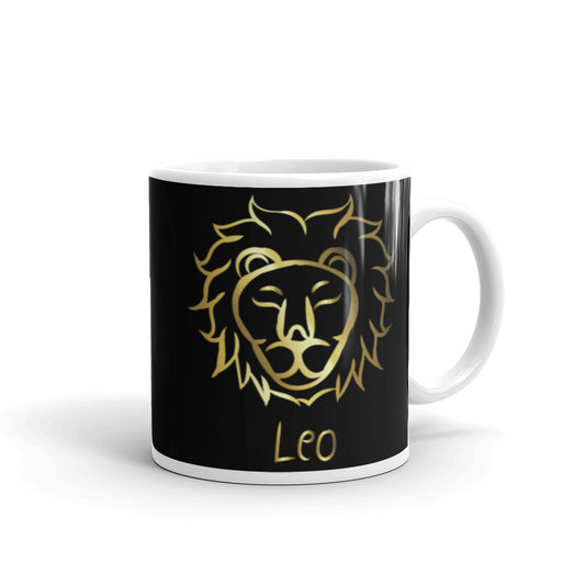 Leo Zodiac Sign in Black & Gold - White glossy mug