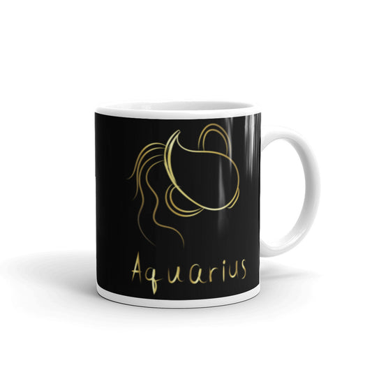 Aquarius Zodiac Sign in Black & Gold - White glossy mug