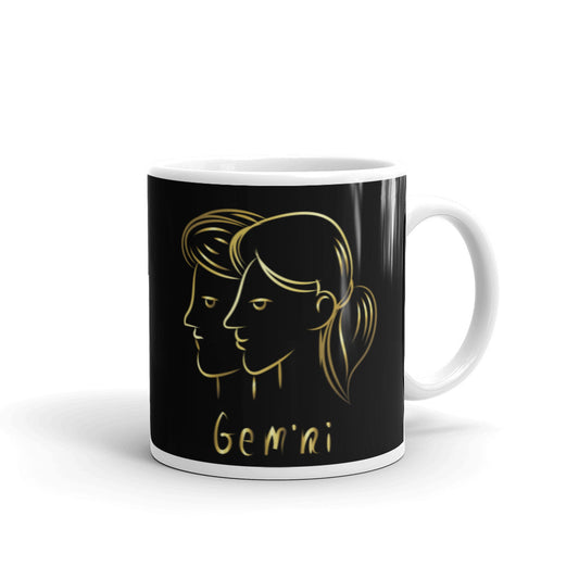 Gemini Zodiac Sign in Black & Gold - White glossy mug