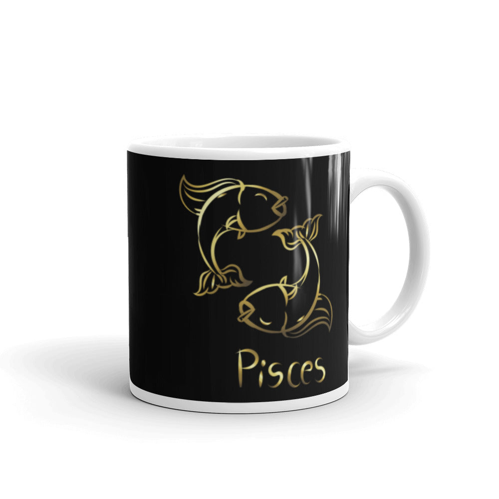 Pisces Zodiac Sign in Black & Gold - White glossy mug