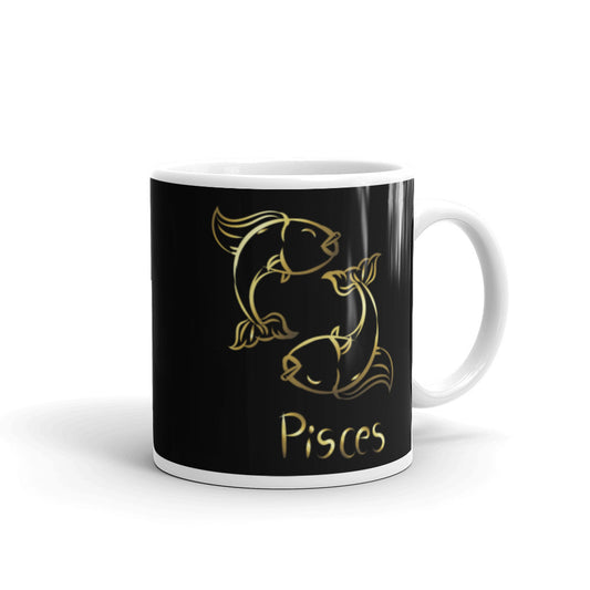 Pisces Zodiac Sign in Black & Gold - White glossy mug