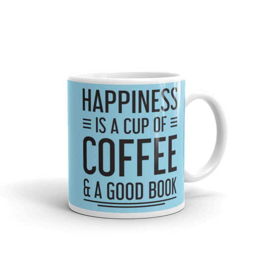 Happiness is a Cup of Coffee & A Good Book (Blue)  - White glossy mug