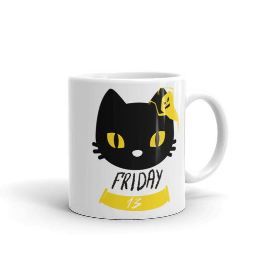 Friday the 13th Black Cat with Ghost - White glossy mug
