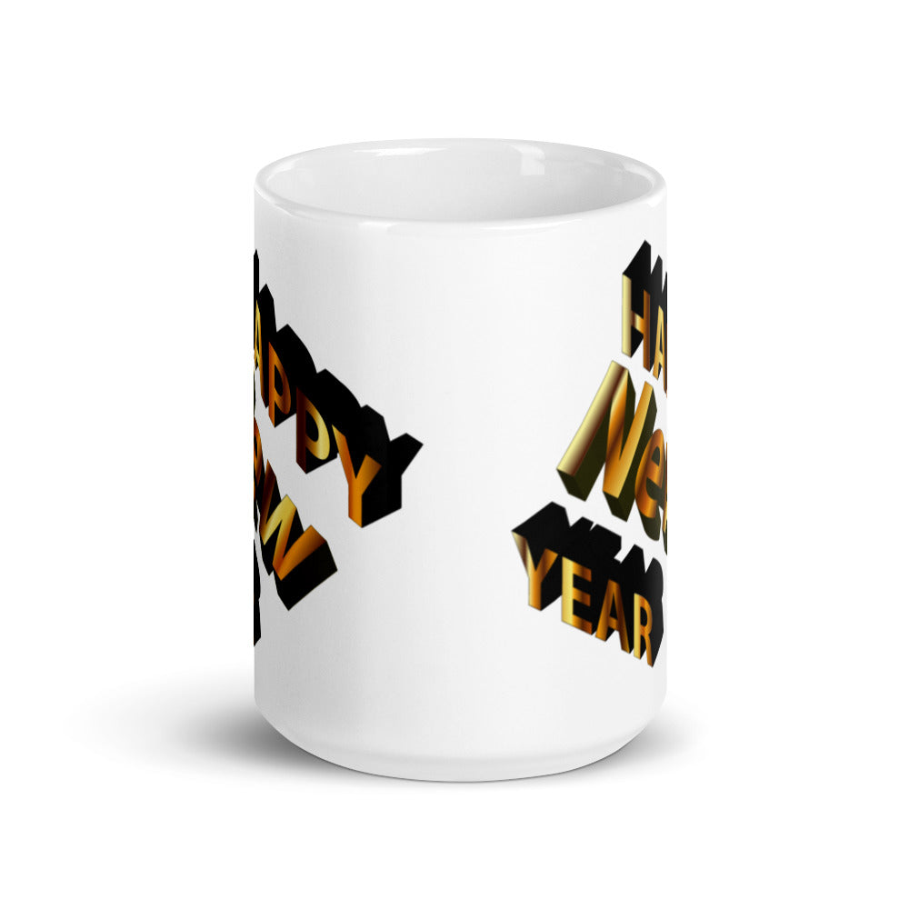 Happy New Year - White glossy mug - 3D Black & Gold