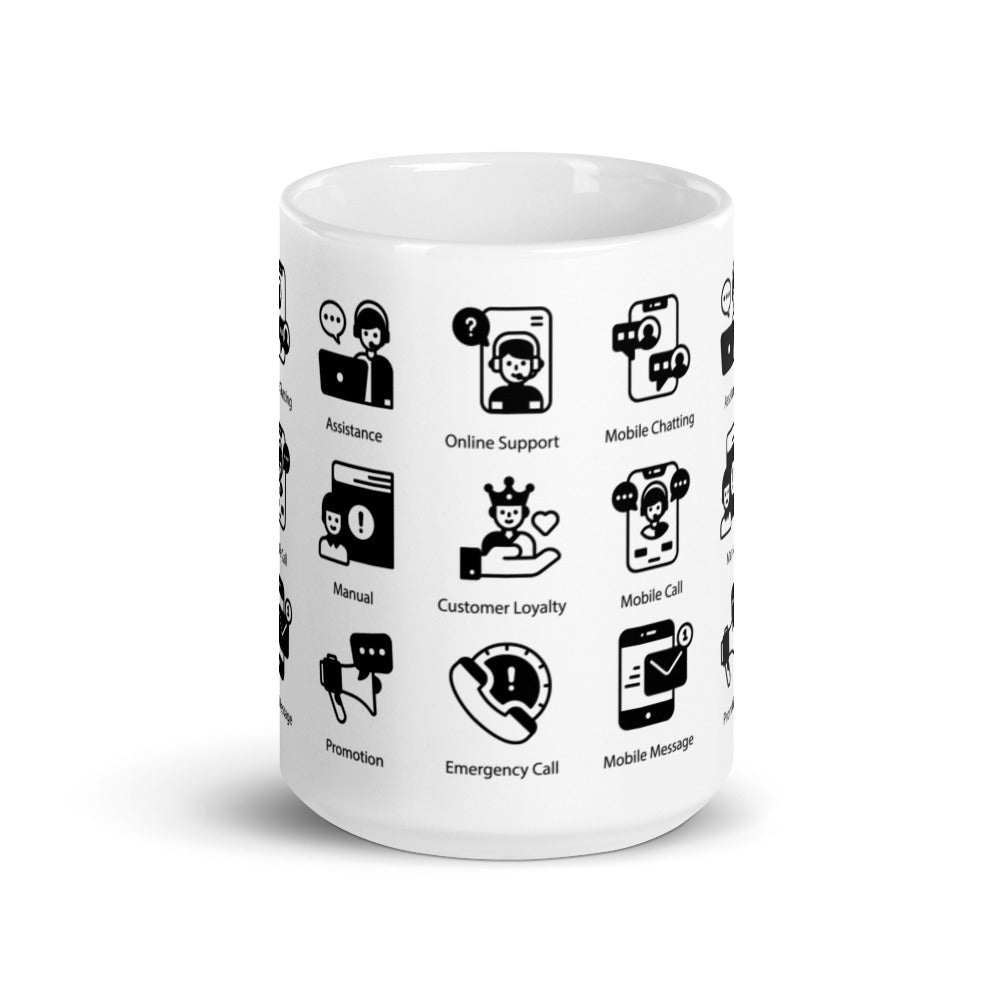 Customer Support Icons in Black - White glossy mug - Get to Know your Customer Day