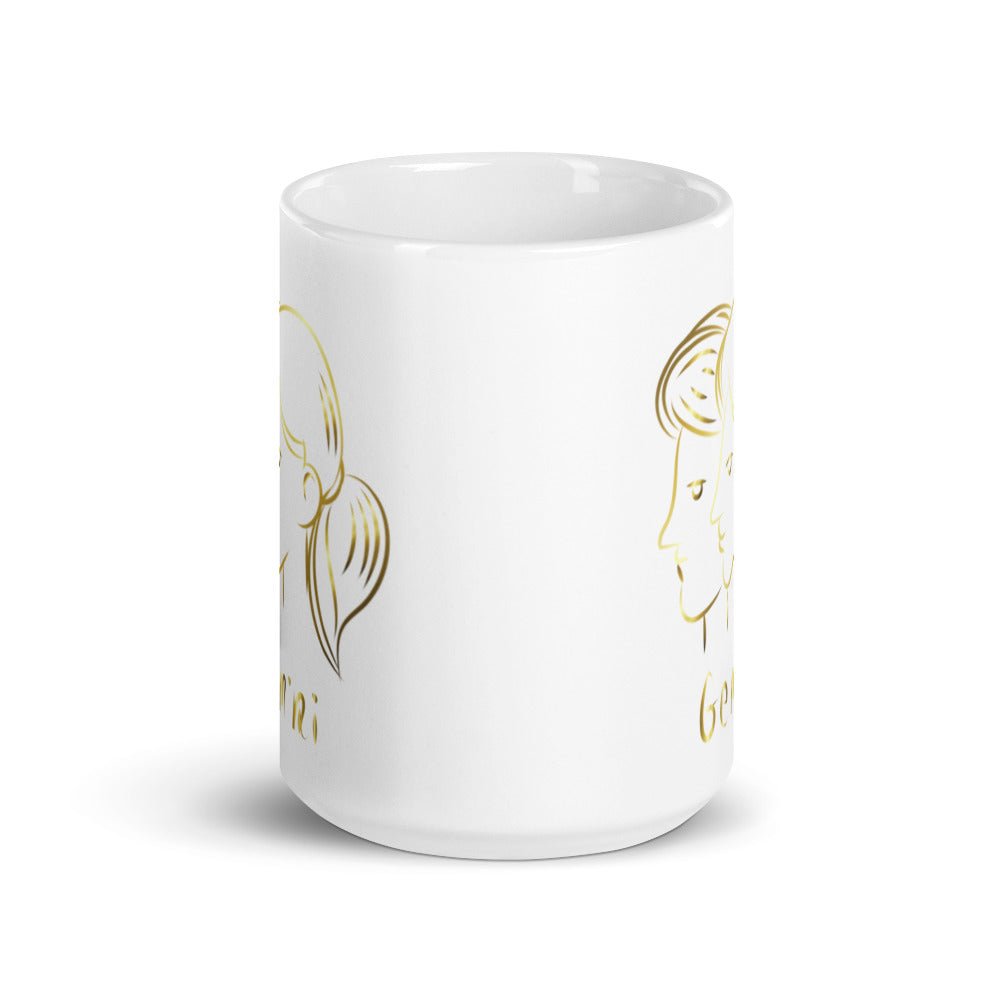 Gemini Zodiac Sign In White & Gold - White glossy mug