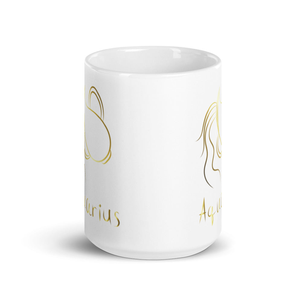 Aquarius Zodiac Sign in White & Gold - White glossy mug