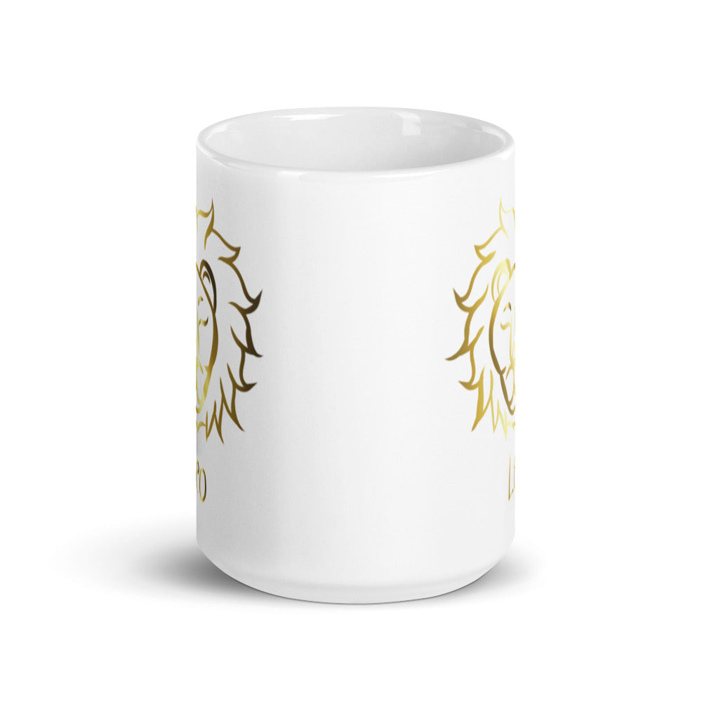 Leo Zodiac Sign in White & Gold - White glossy mug