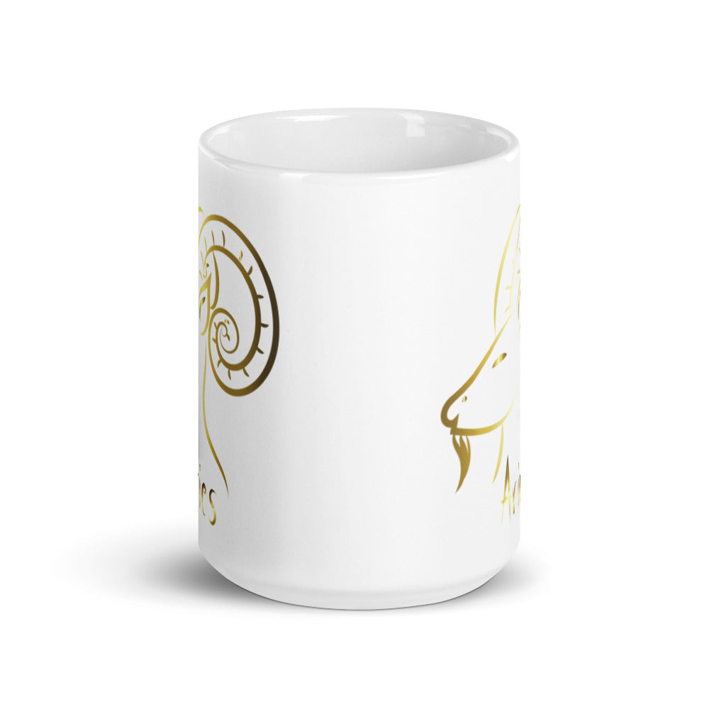 Aries Zodiac Sign in White & Gold - White glossy mug