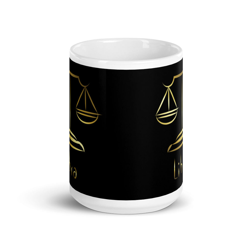 Libra Zodiac Sign in Black & Gold - White glossy mug