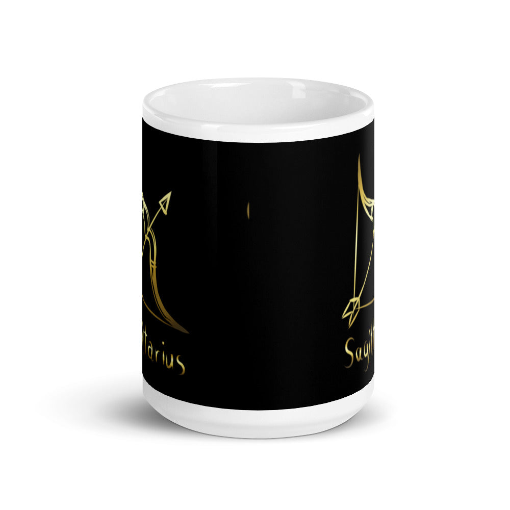 Sagittarius Zodiac Sign in Black & Gold - White glossy mug