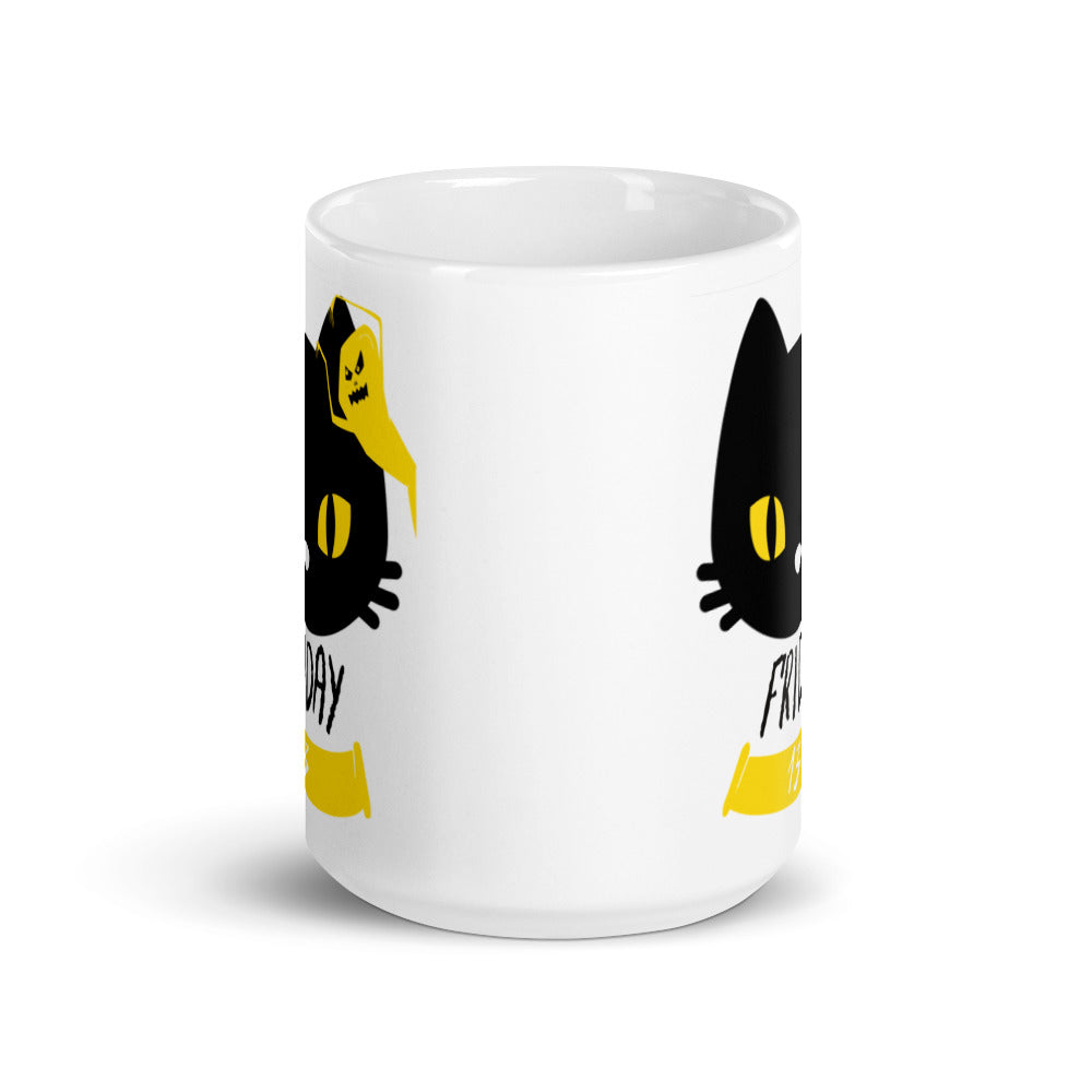 Friday the 13th Black Cat with Ghost - White glossy mug