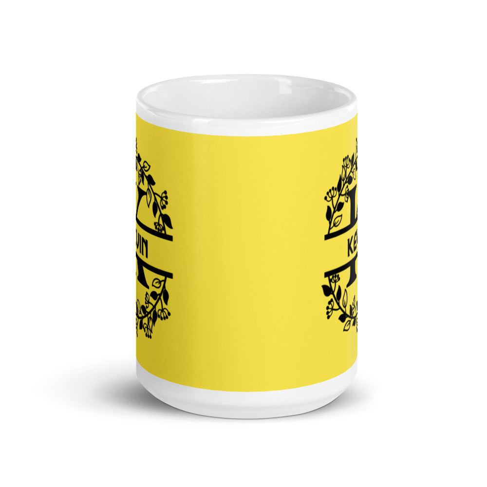 Kevin - Yellow & Black Personalised on White glossy mug