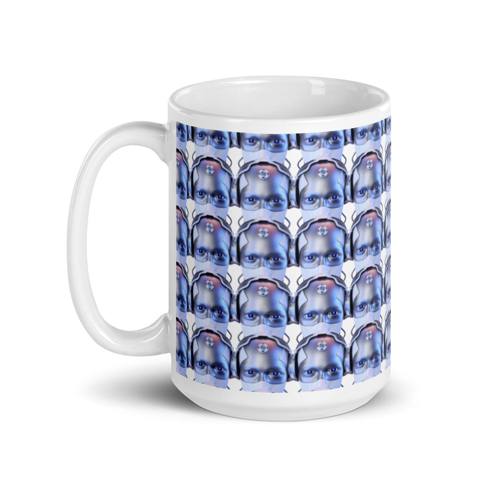 Robotic Head in Purple Pattern - White glossy mug - Science Fiction Day