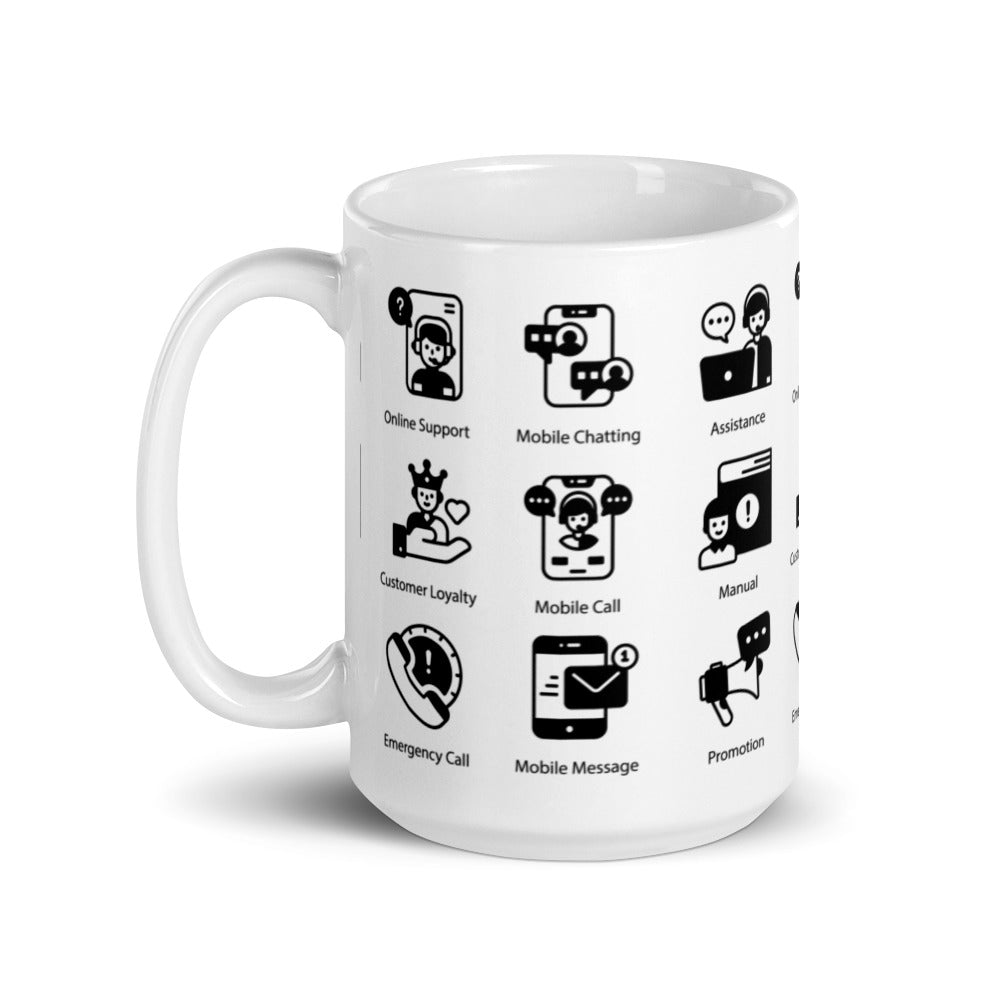 Customer Support Icons in Black - White glossy mug - Get to Know your Customer Day