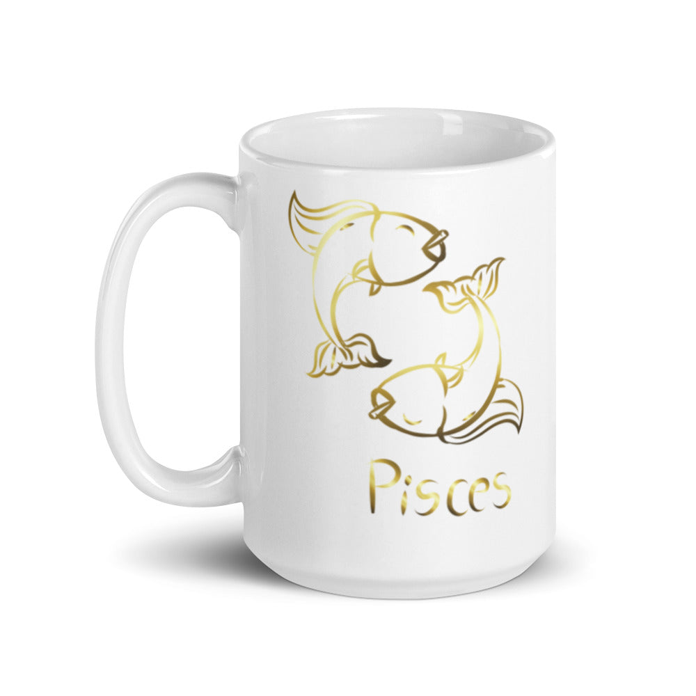 Pisces Zodiac Sign in White & Gold  - White glossy mug