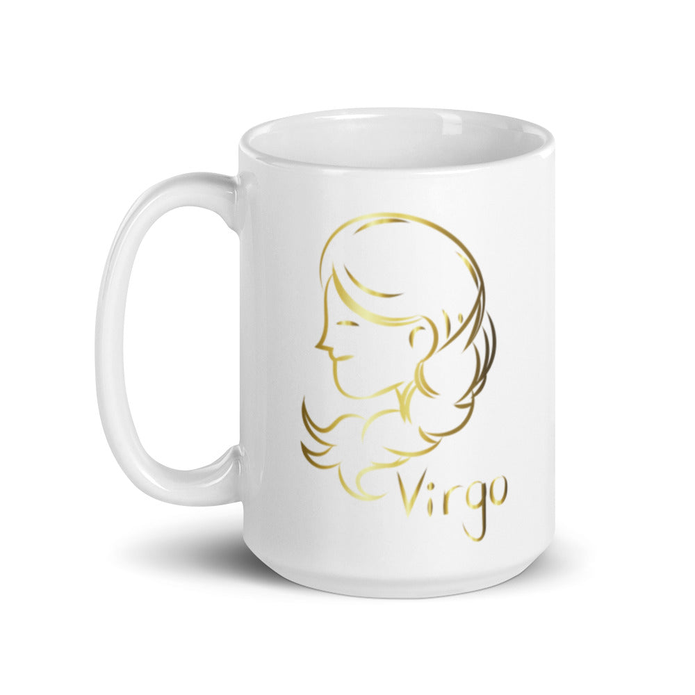Virgo Zodiac Sign in White & Gold - White glossy mug