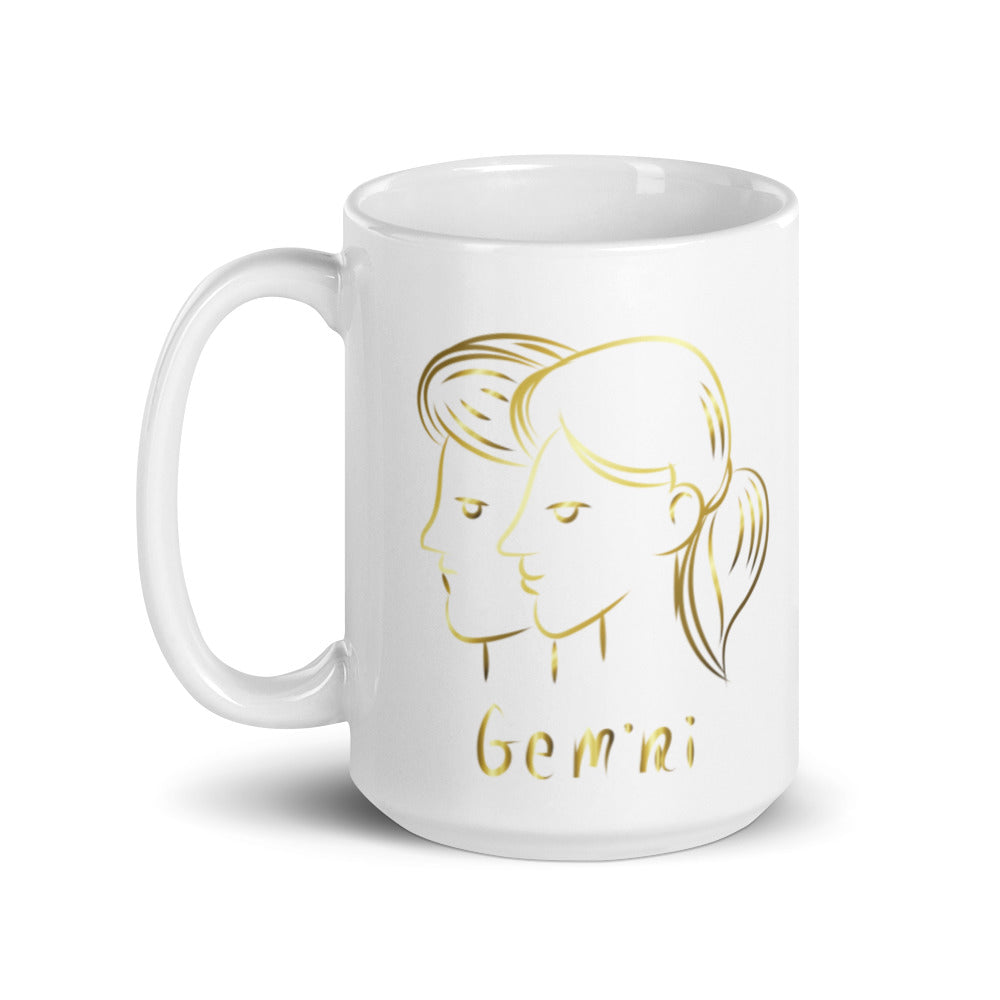 Gemini Zodiac Sign In White & Gold - White glossy mug