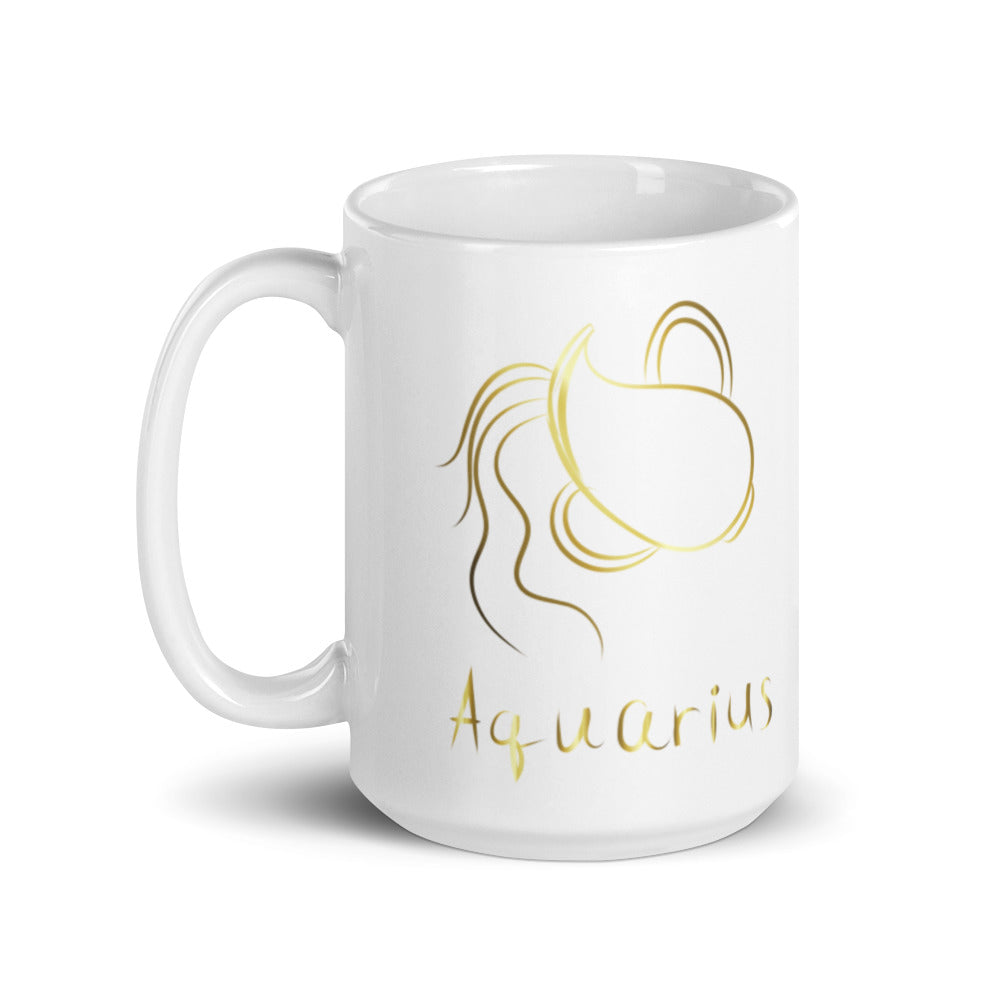 Aquarius Zodiac Sign in White & Gold - White glossy mug