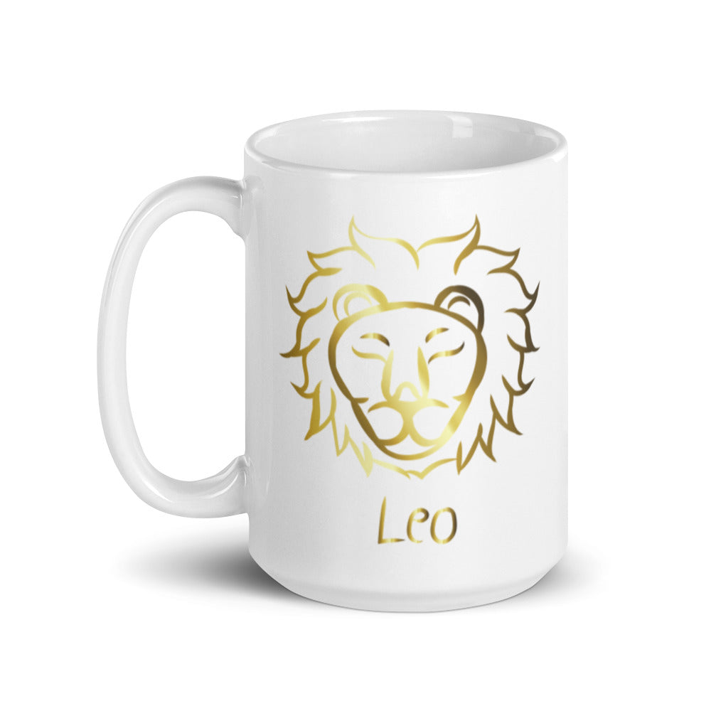 Leo Zodiac Sign in White & Gold - White glossy mug