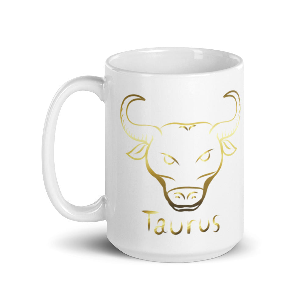 Taurus Zodiac Sign in White & Gold - White glossy mug